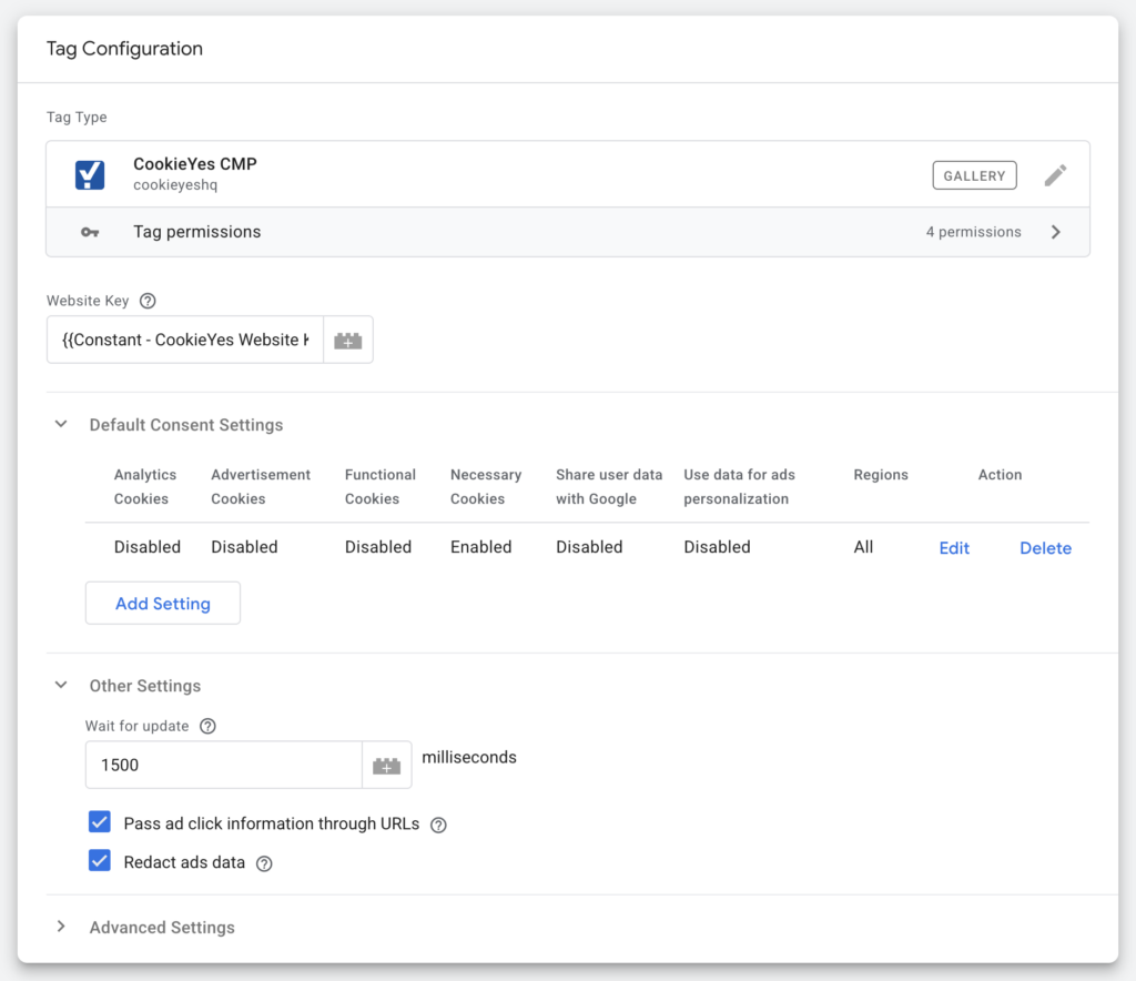 CookieYes CMP tag other settings